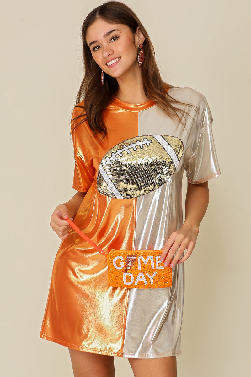 Game Day T-Shirt Dress W/ Football Patch Orange/Silver - Southern Fashion Boutique Bliss Game Day T-Shirt Dress W/ Football Patch Orange/Silver - Southern Fashion Boutique Bliss