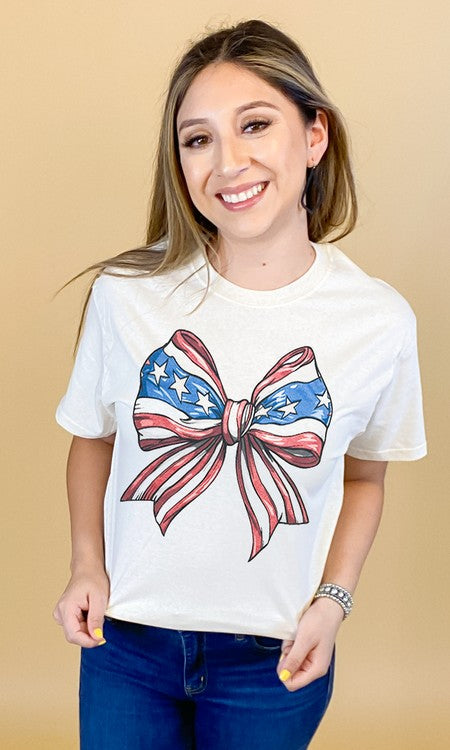 Stars and Stripes Patriotic Bow Tee Natural