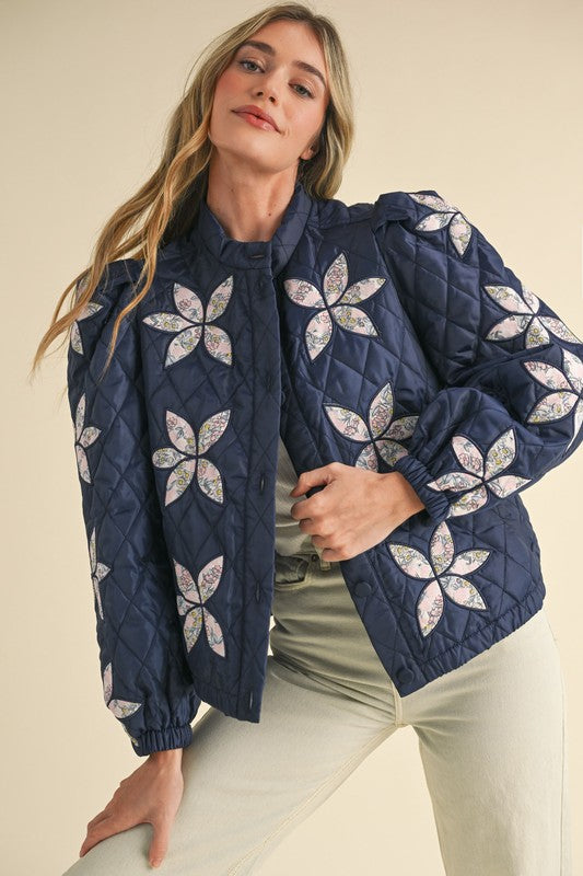 Quilted Floral Patch Jacket Navy