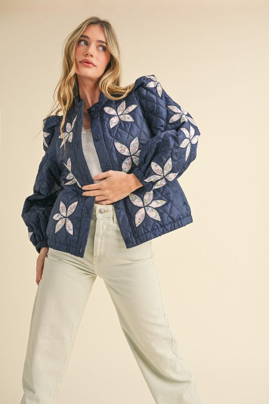 Quilted Floral Patch Jacket Navy