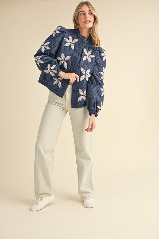 Quilted Floral Patch Jacket Navy