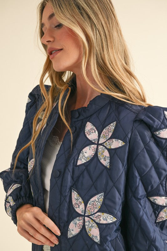 Quilted Floral Patch Jacket Navy