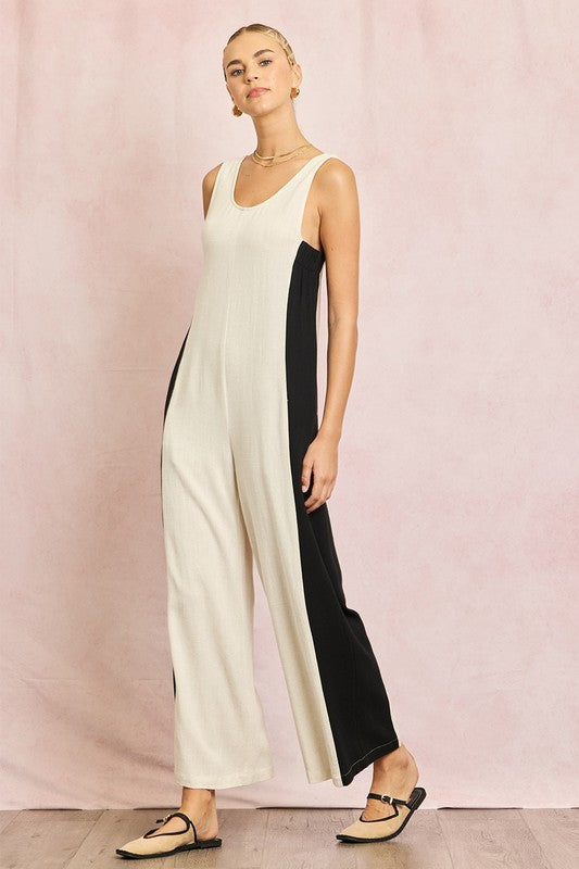 Linen Contrast Side Jumpsuit Natural