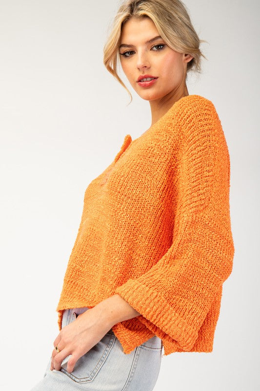 Textured V-Neck Sweater Tangerine