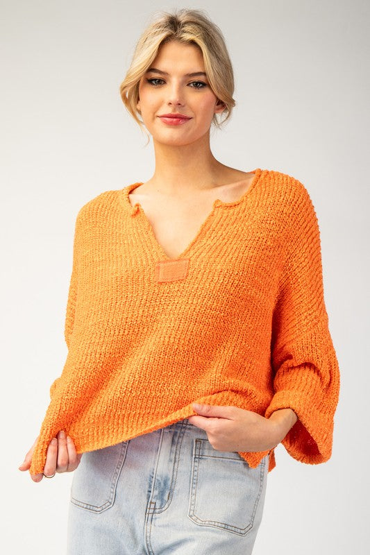 Textured V-Neck Sweater Tangerine