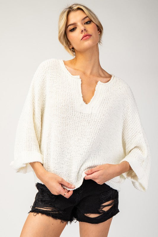 Textured V-Neck Sweater Off White