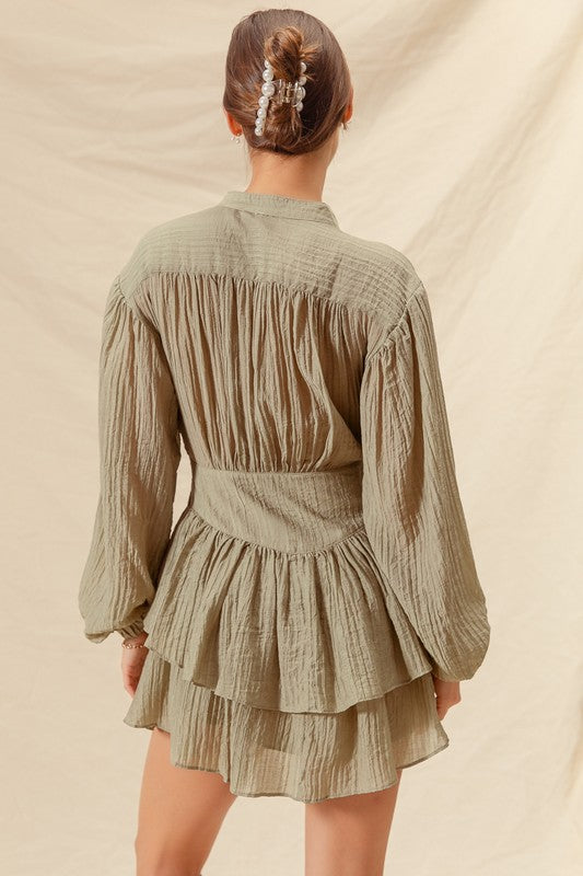 Flutter Tiered Daily Essential Shirt Dress Olive