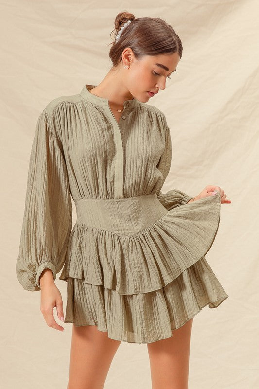 Flutter Tiered Daily Essential Shirt Dress Olive