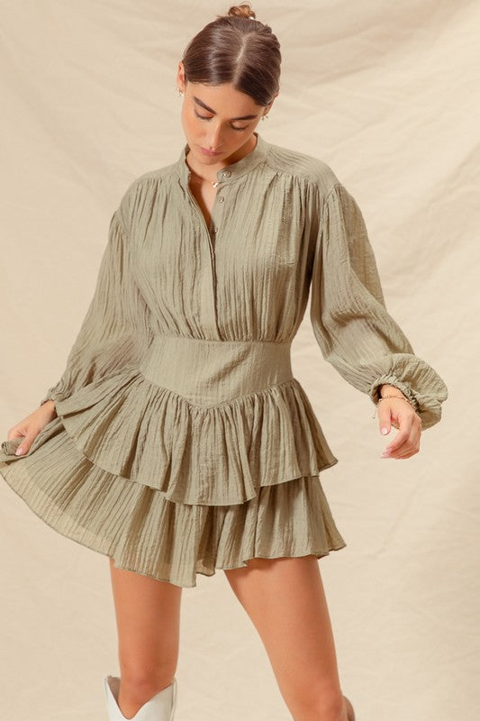 Flutter Tiered Daily Essential Shirt Dress Olive