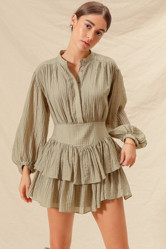 Flutter Tiered Daily Essential Shirt Dress Olive