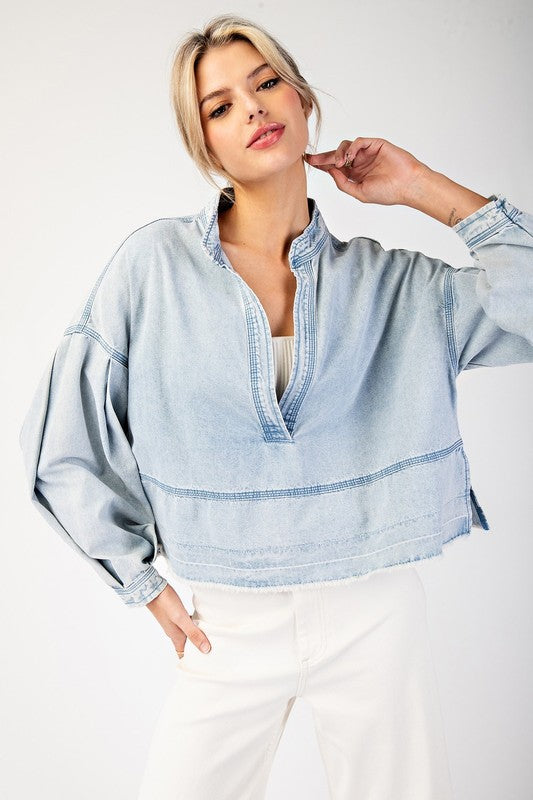 Mineral Washed V-Neck Top Denim