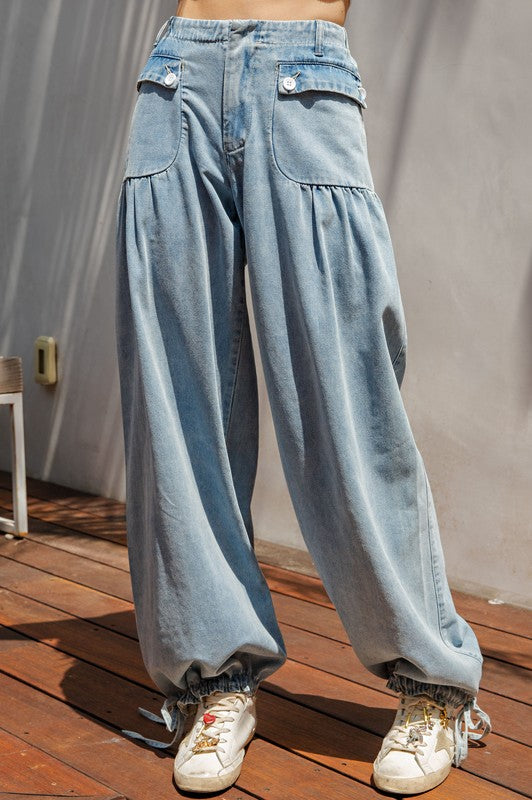MIneral Washed Wide Leg Cinch Pants Denim - Southern Fashion