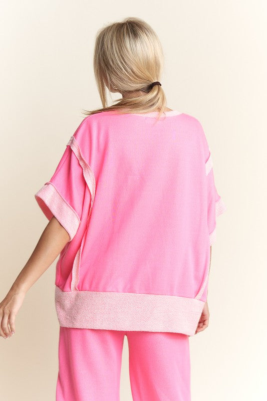 Loopterry Vneck Halfsleeve Top Fuchsia