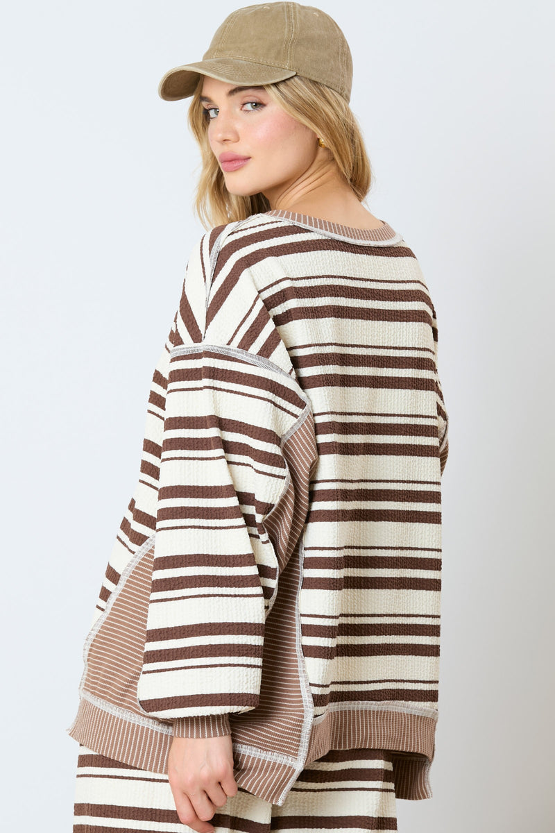 Striped Mixed Loose Fit Top Brown/Cream