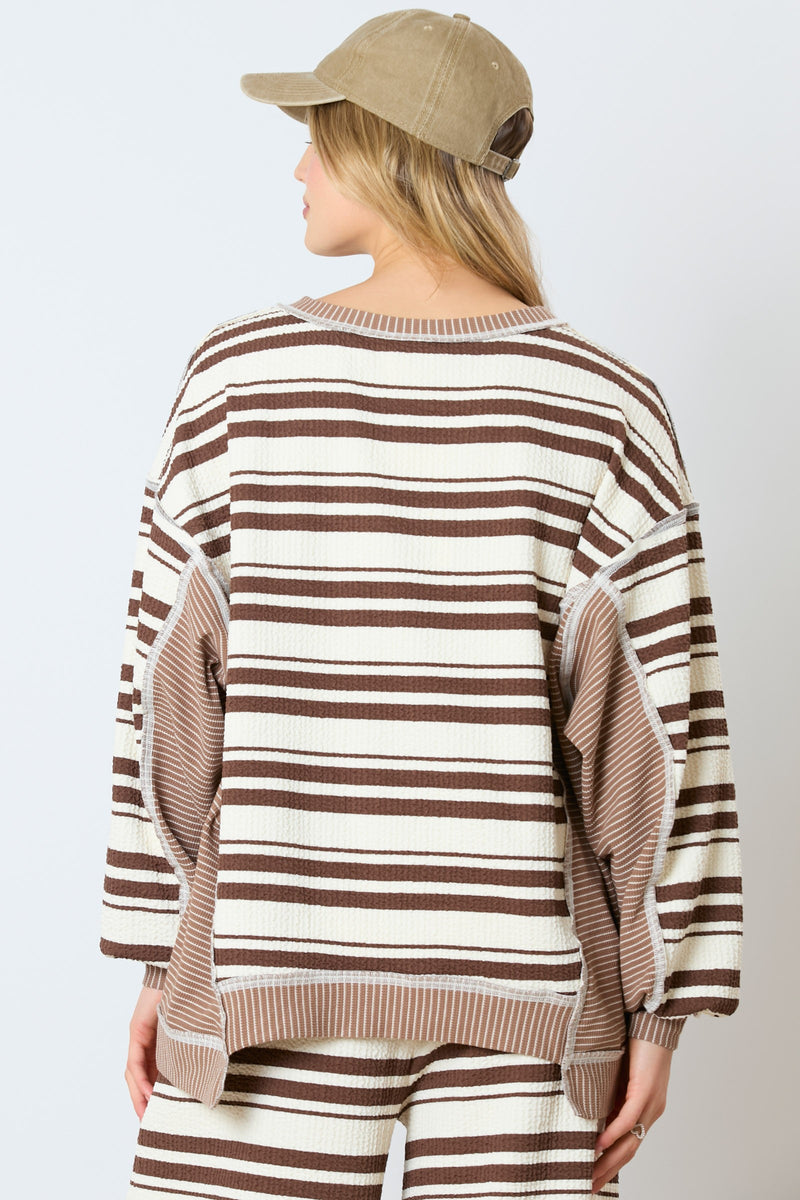 Striped Mixed Loose Fit Top Brown/Cream
