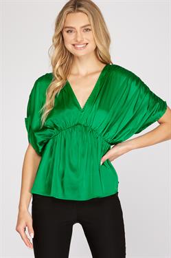 V-Neck Kimono Style Satin Top Green