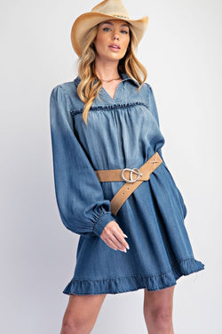 denim dress ruffle bottom The Jean Dress: Strapless Ruffle Denim Dress Large / Navy