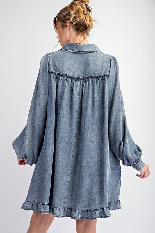 denim dress with ruffle bottom Say it Again Ruffled Denim Mini Dress