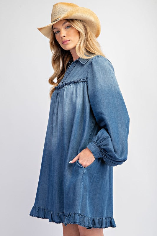 Washed Denim Ruffle Bottom Dress Dark - Southern Fashion Boutique Bliss Washed Denim Ruffle Bottom Dress Dark - Southern Fashion Boutique Bliss