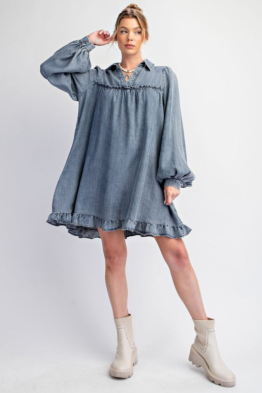 denim dress with ruffle bottom Floral Ruffle Detail Denim Dress Blue