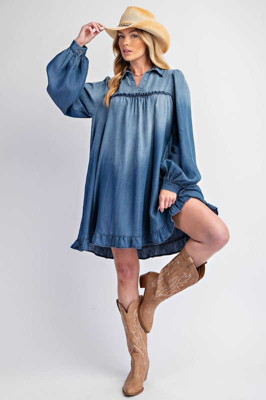 Washed Denim Ruffle Bottom Dress Dark - Southern Fashion Boutique Bliss Washed Denim Ruffle Bottom Dress Dark - Southern Fashion Boutique Bliss