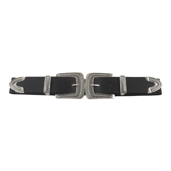 Western Style Double Buckle Elastic Belt Black