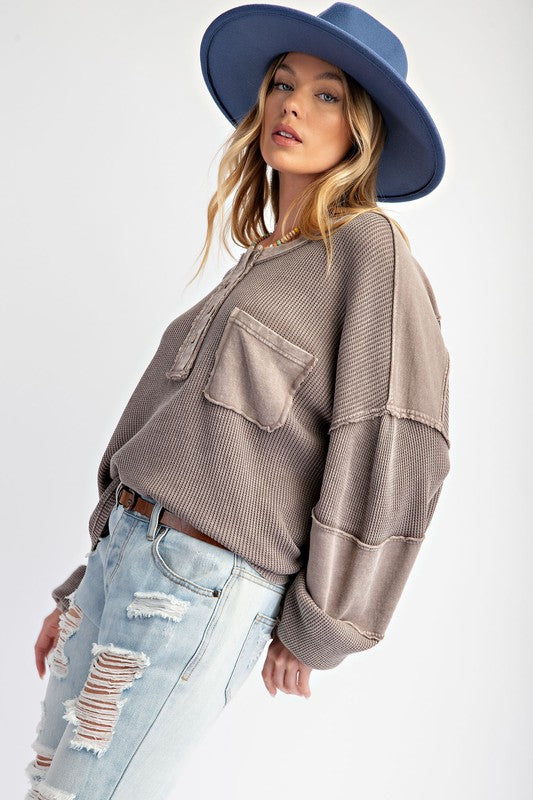 Mineral Washed Thermal Henley Top Ash Brown
