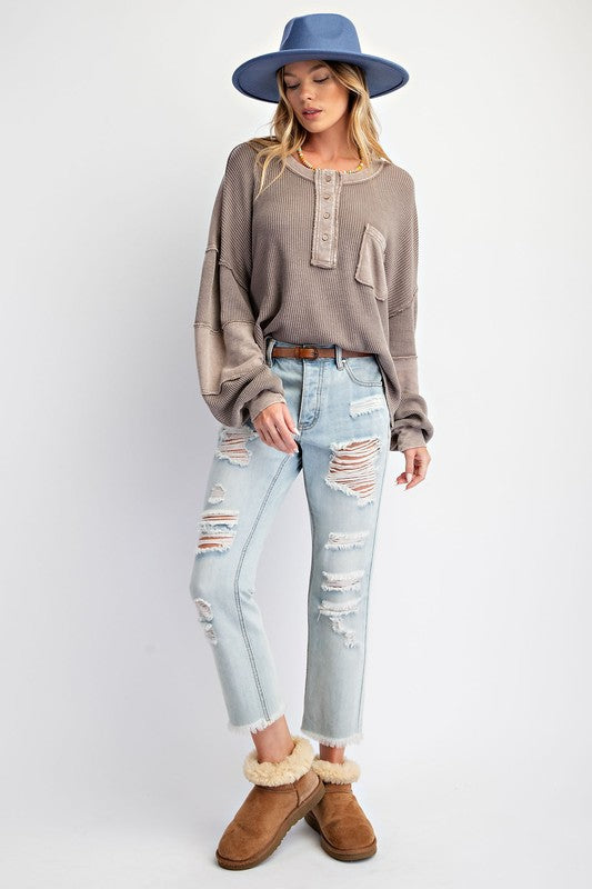 Mineral Washed Thermal Henley Top Ash Brown