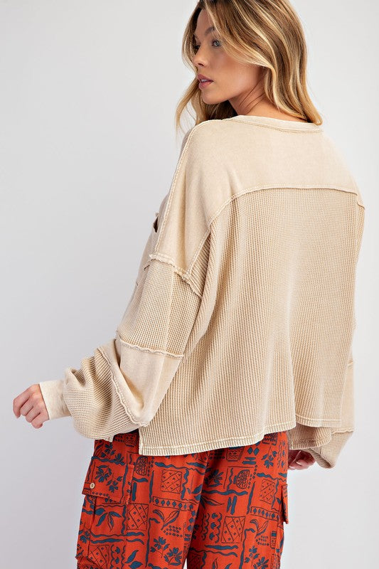 Mineral Washed Thermal Henley Top Khaki