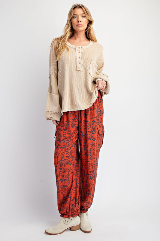 Mineral Washed Thermal Henley Top Khaki