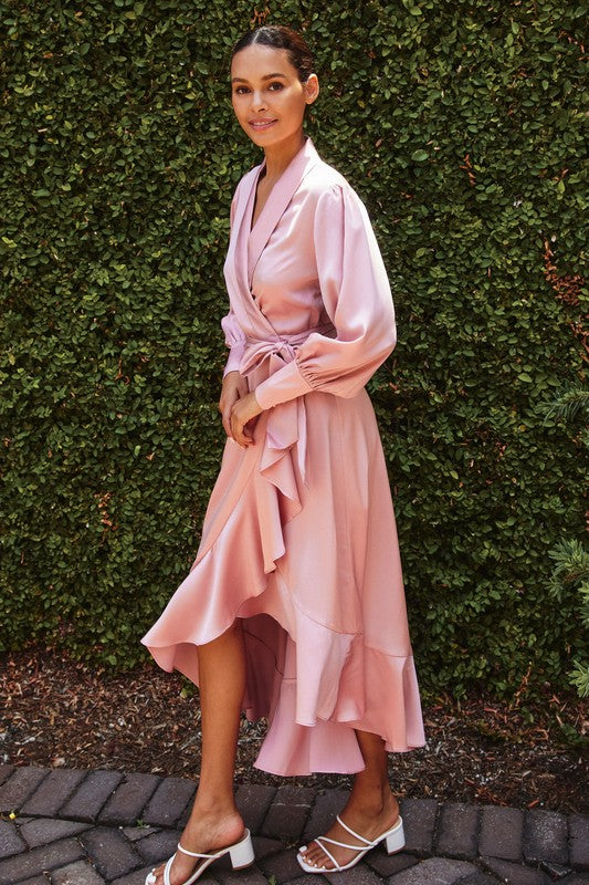 Satin Ruffled Midi Wrap Dress Blush