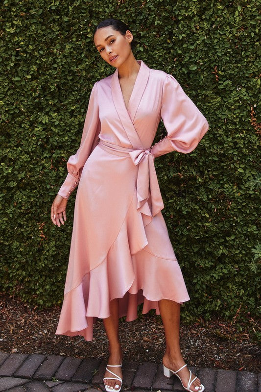 Satin Ruffled Midi Wrap Dress Blush