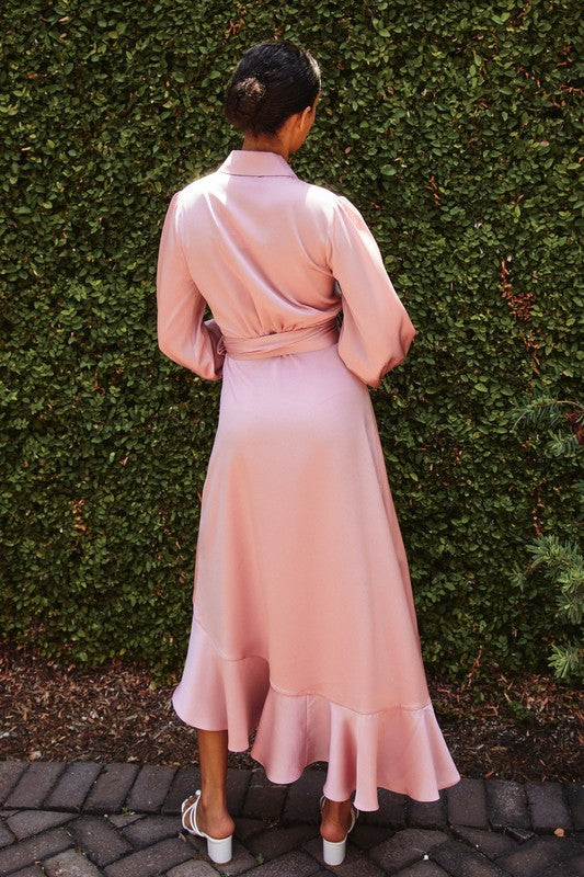 Satin Ruffled Midi Wrap Dress Blush
