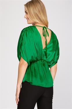 V-Neck Kimono Style Satin Top Green