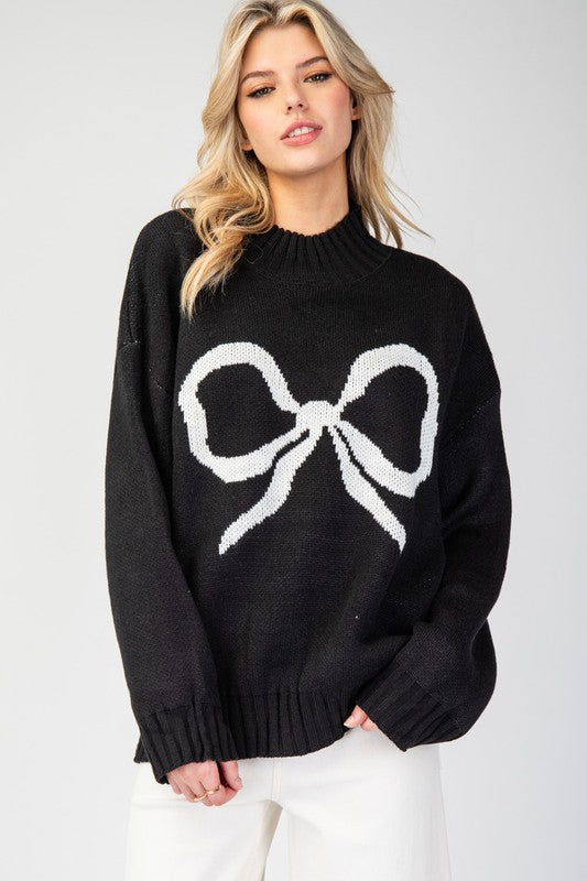 Ribbon Mock Neck Sweater Top Black - Southern Fashion Boutique Bliss