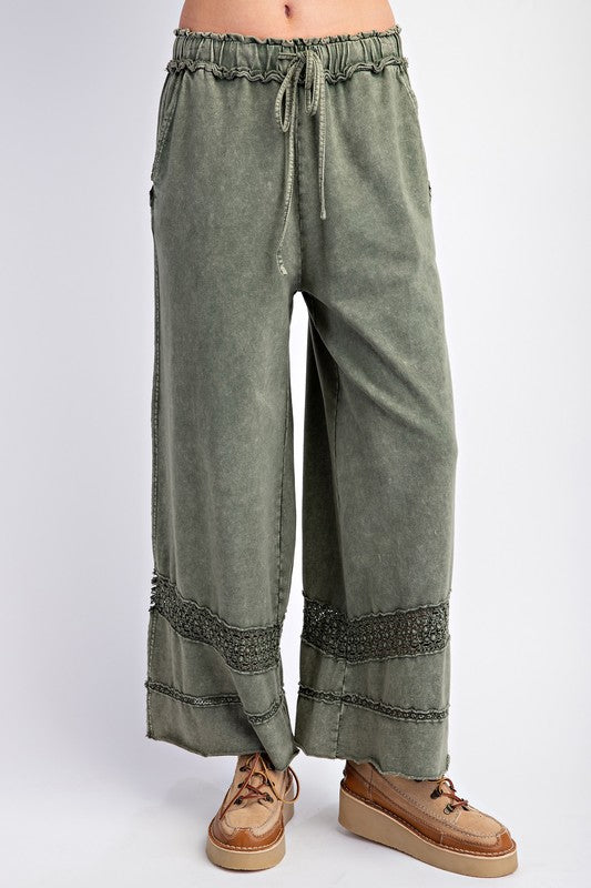 Crochet Tape Detail Terry Knit Pants Olive
