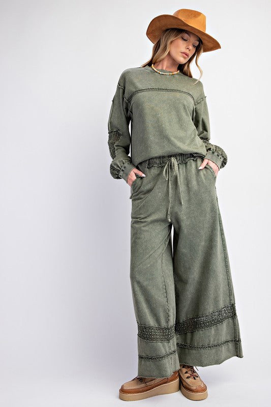 Crochet Tape Detail Terry Knit Pants Olive