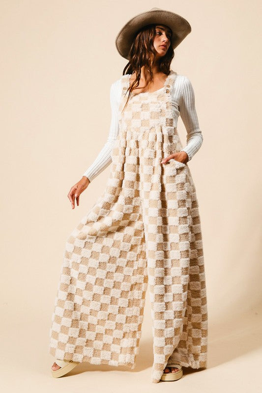 Checker Sherpa Wide Leg Overalls Ivory - Southern Fashion Boutique