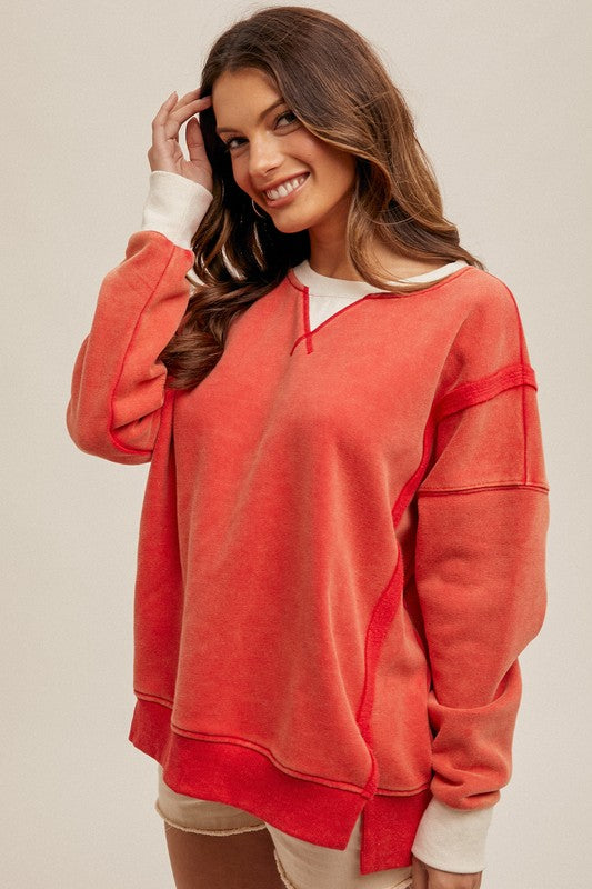 Color Block Snow Wash Sweatshirt Red