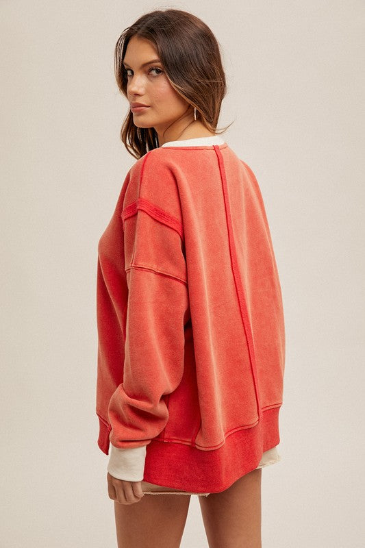 Color Block Snow Wash Sweatshirt Red
