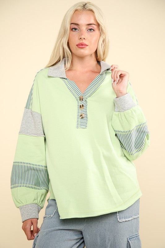 Color Block Collared Henley Top Green