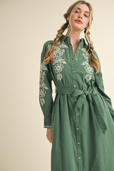 slim fit dress slacks Floral Embroidered Midi Dress Hunter Green