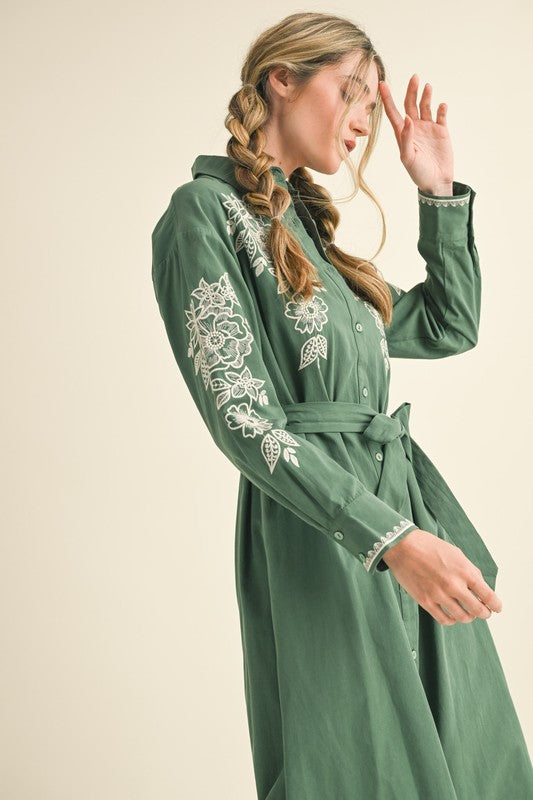 green floral embroidered dress Floral Embroidered Midi Dress Hunter Green