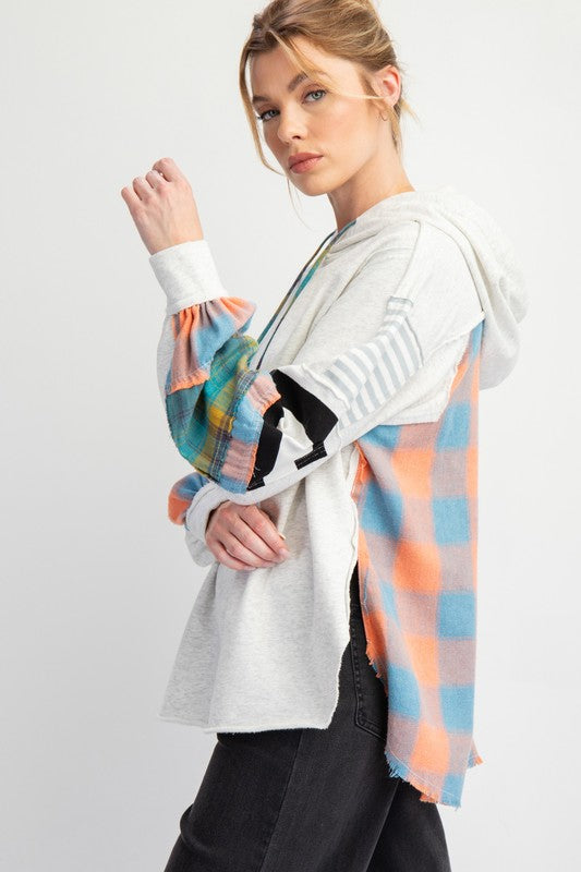 Terry Knit Mix Plaid Hoodie Light Grey