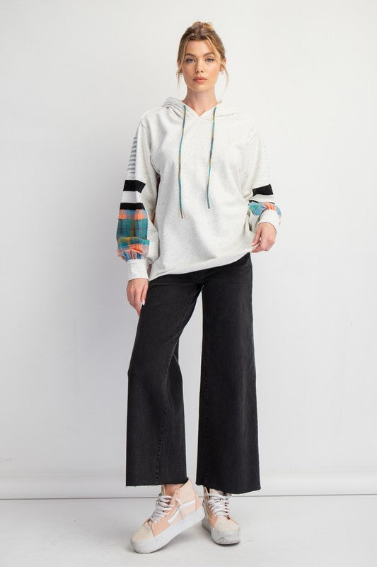 Terry Knit Mix Plaid Hoodie Light Grey