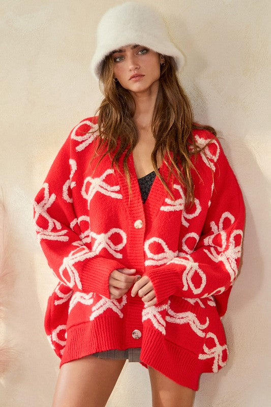 Oversized Ribbon Sweater Cardigan Red