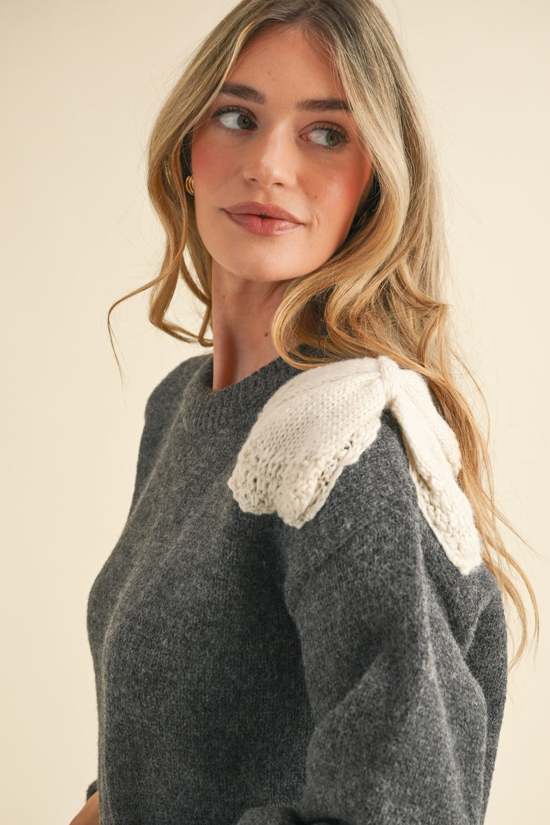 Puff Sleeve Sweater W/ Bow Detail Charcoal/Ivory