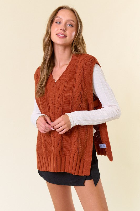 V-Neck Drop Shoulder Sweater Vest Camel