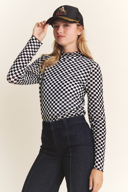 Checkered Mesh Mock Neck Top Black White - Southern Fashion