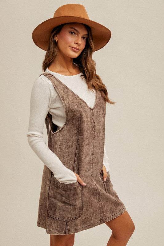 brown overall dress nearby Women's Corduroy Pinafore Dress, Vintage Overall Dress with Pockets, Retro a-Line Jumper Dress Coffee Brown,M